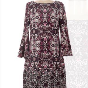 Vince Camuto Purple Burgundy Floral Printed Bell Sleeve Shift Dress